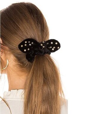 Lele Sadoughi Black Bow Hair Scrunchie with Gold/Crystal Studs
